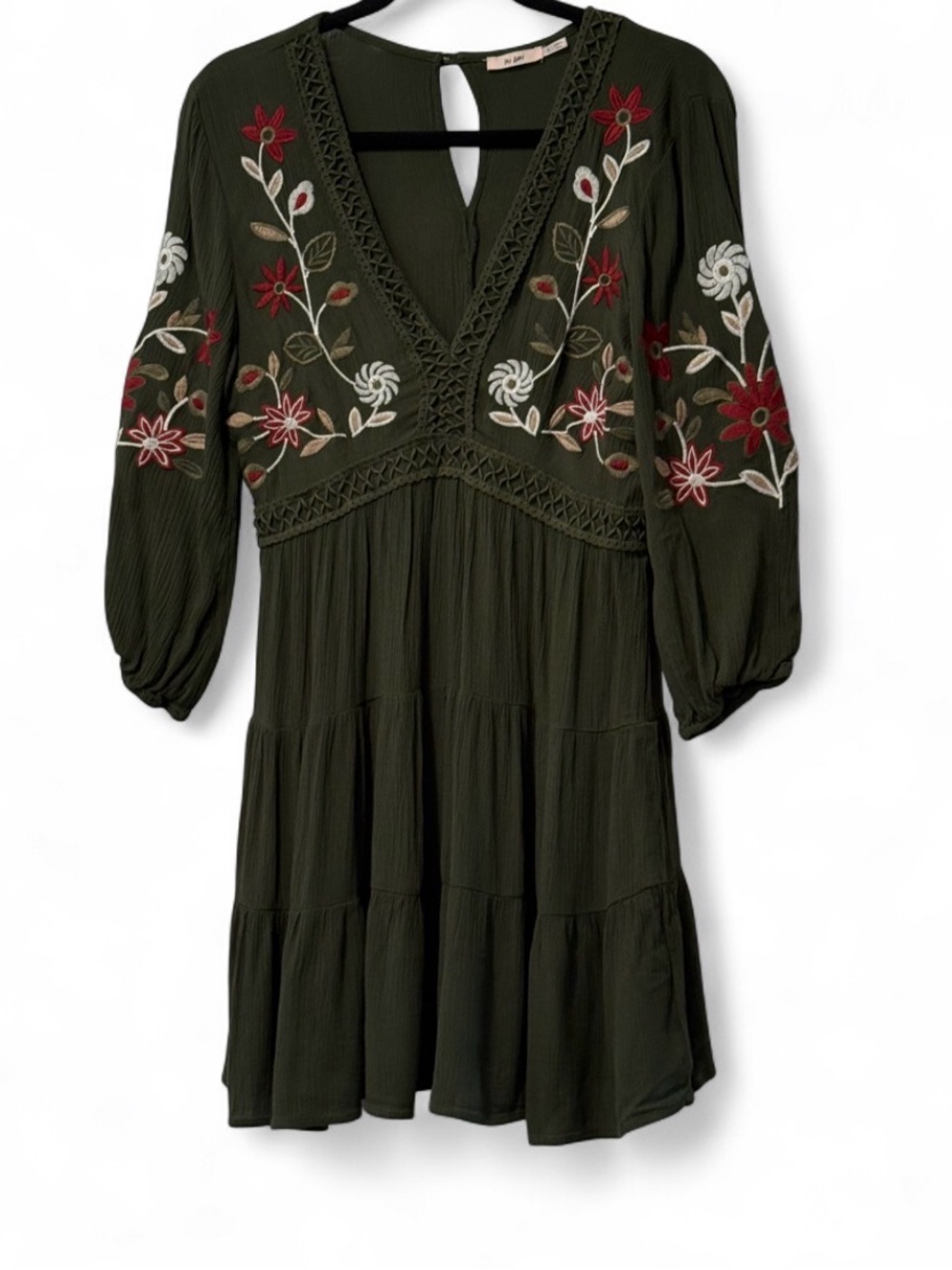 Cottagecore Mi Ami Olive Green Floral Embroidered Mini Dress Boho V-neck S